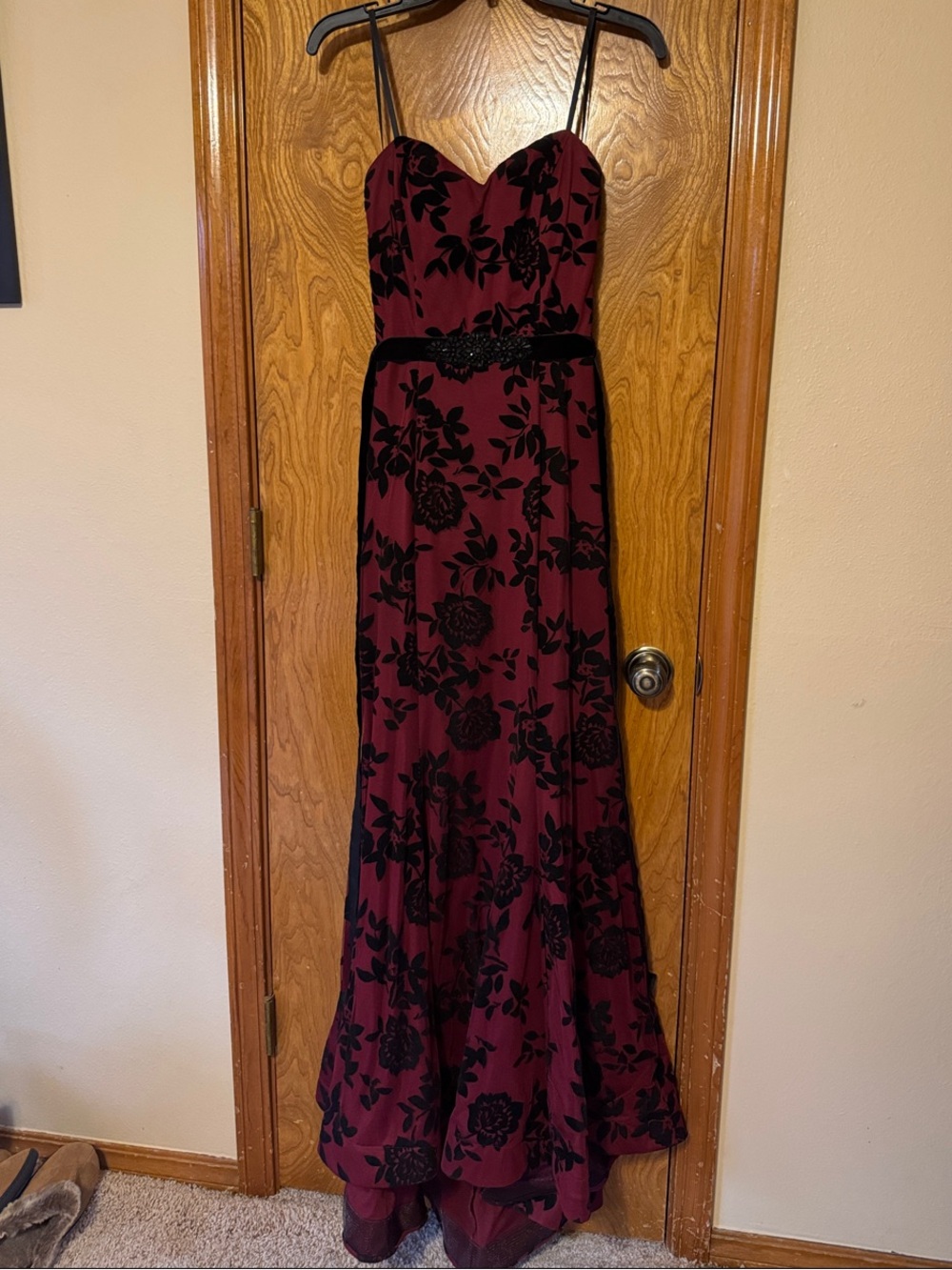 B Darlin Strapless Burgundy Dress with Black Floral Velvet Overlay